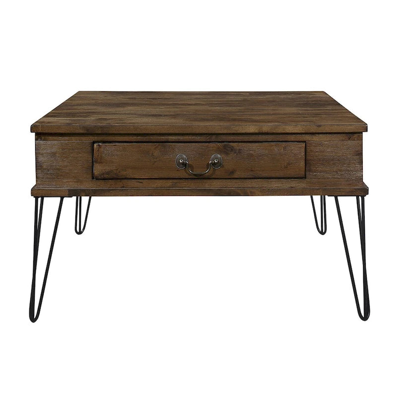 Tavolino quadrato da caffè di 81 cm con 2 cassetti, piano in legno marrone, gambe in metallo nero