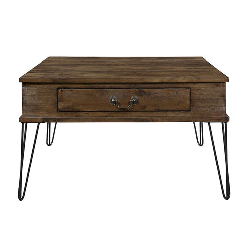 Tavolino quadrato da caffè di 81 cm con 2 cassetti, piano in legno marrone, gambe in metallo nero