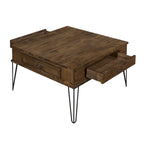 Tavolino quadrato da caffè di 81 cm con 2 cassetti, piano in legno marrone, gambe in metallo nero