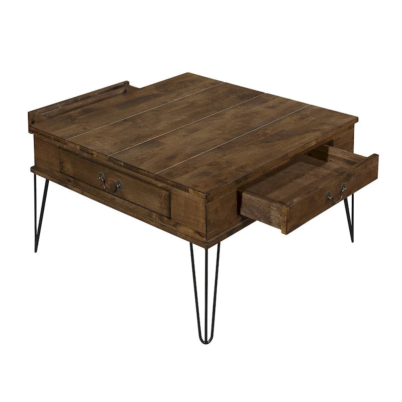 Tavolino quadrato da caffè di 81 cm con 2 cassetti, piano in legno marrone, gambe in metallo nero