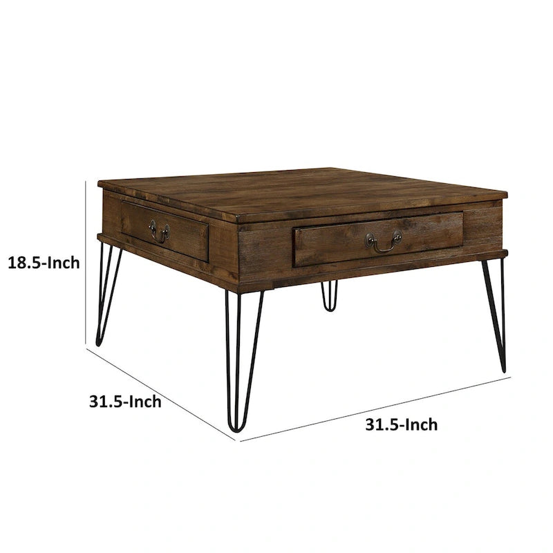 Tavolino quadrato da caffè di 81 cm con 2 cassetti, piano in legno marrone, gambe in metallo nero