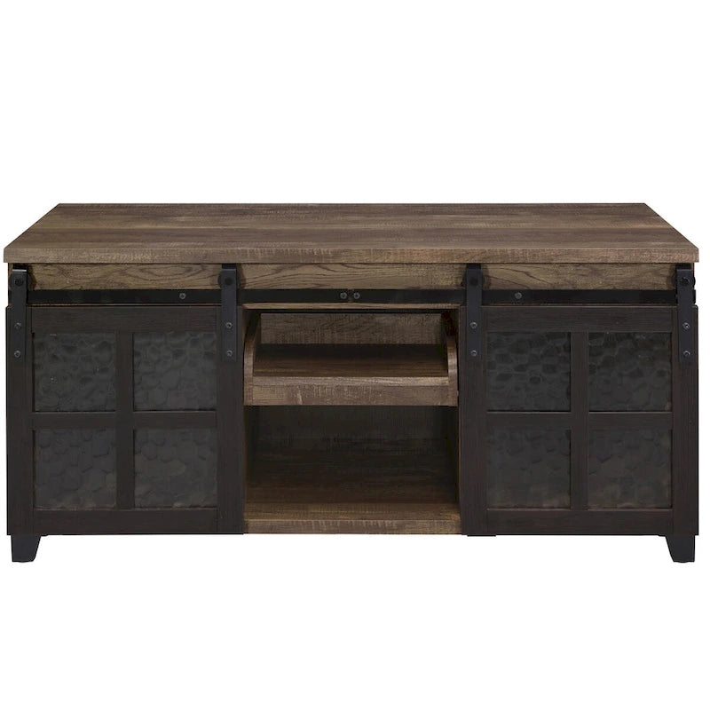 Tavolino industriale con ante scorrevoli in vetro stile fienile e vano contenitore - 47L x 24P x 23A