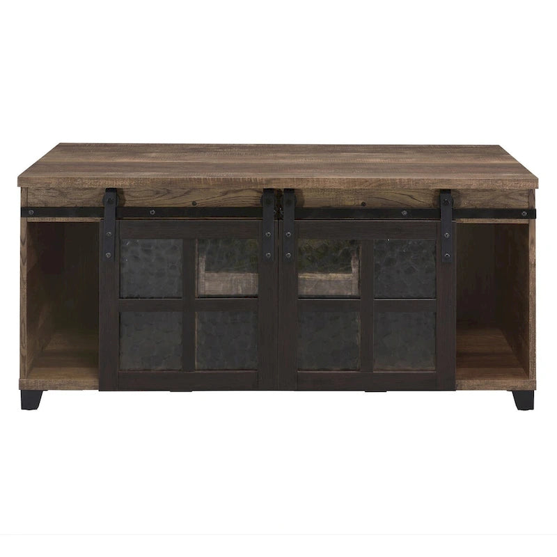 Tavolino industriale con ante scorrevoli in vetro stile fienile e vano contenitore - 47L x 24P x 23A