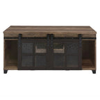 Tavolino industriale con ante scorrevoli in vetro stile fienile e vano contenitore - 47L x 24P x 23A