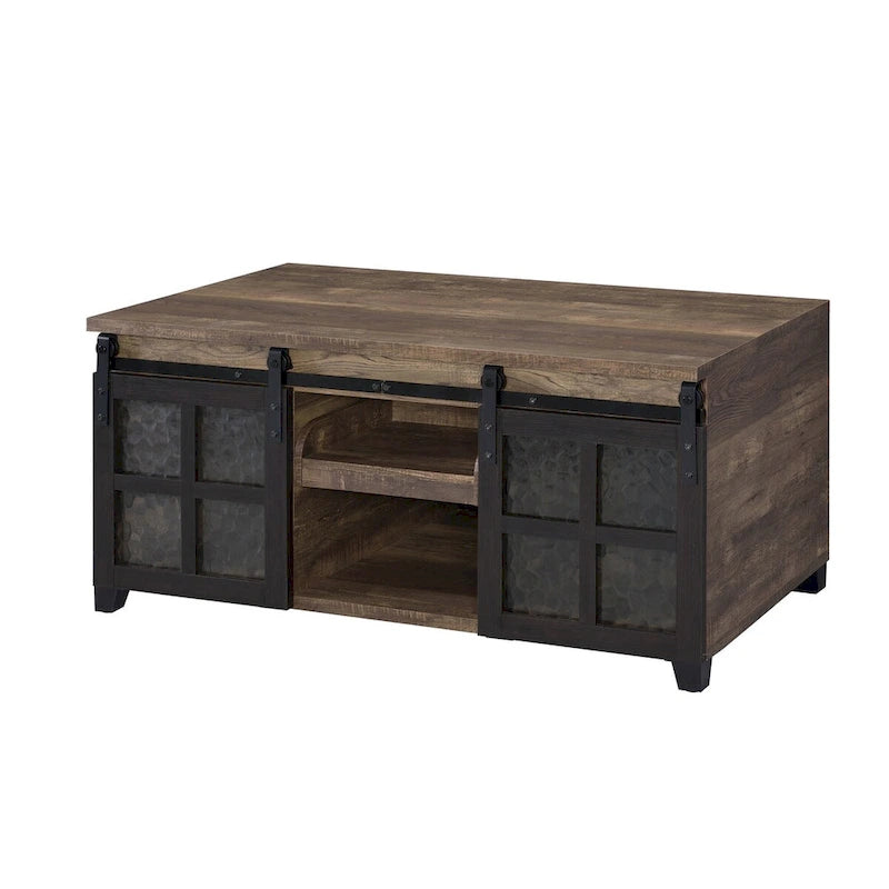 Tavolino industriale con ante scorrevoli in vetro stile fienile e vano contenitore - 47L x 24P x 23A
