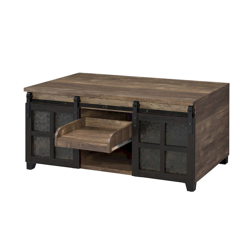 Tavolino industriale con ante scorrevoli in vetro stile fienile e vano contenitore - 47L x 24P x 23A
